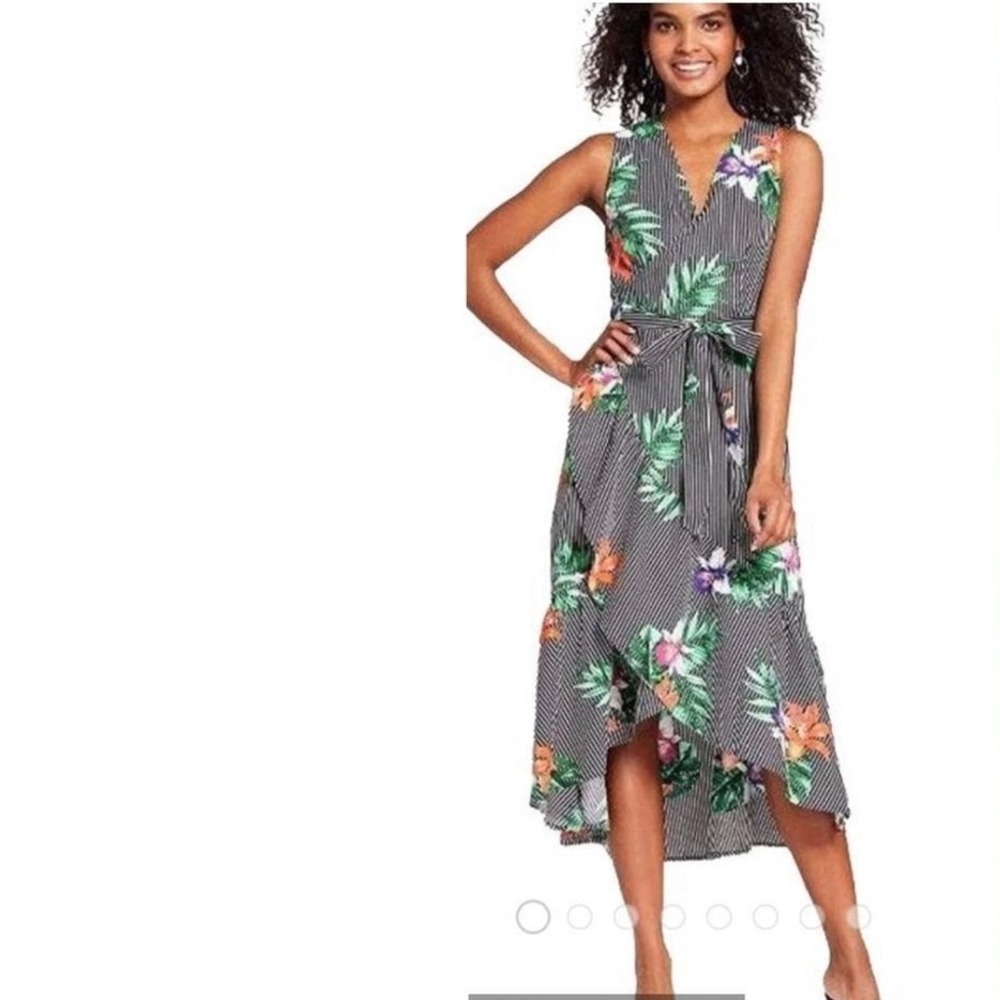 Who‎ What Wear Wrap Ruffle Midi Dress Striped Tropical Floral Sleeveless XL